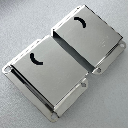 Door lock covers in stainless steel with old style Morgan wings logo