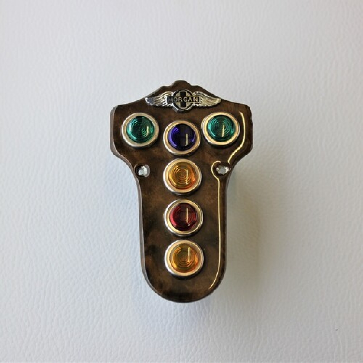 Burr walnut veneer warning light plate 1977-85 with Morgan wings badge (6 hole)