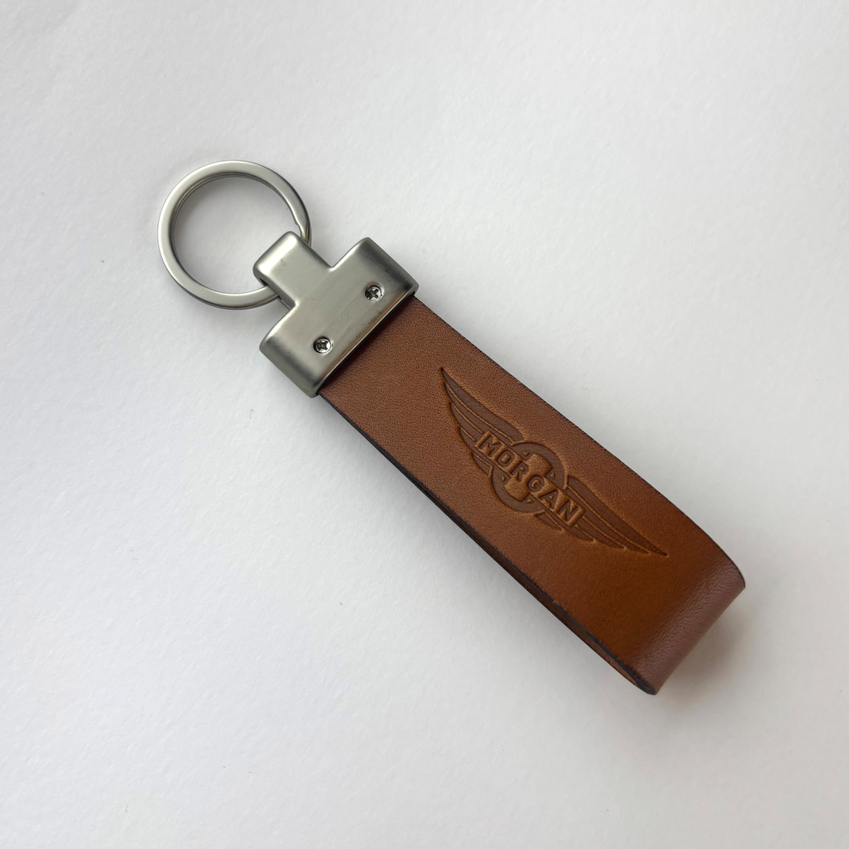 Morgan wings keyring - brushed chrome and tan