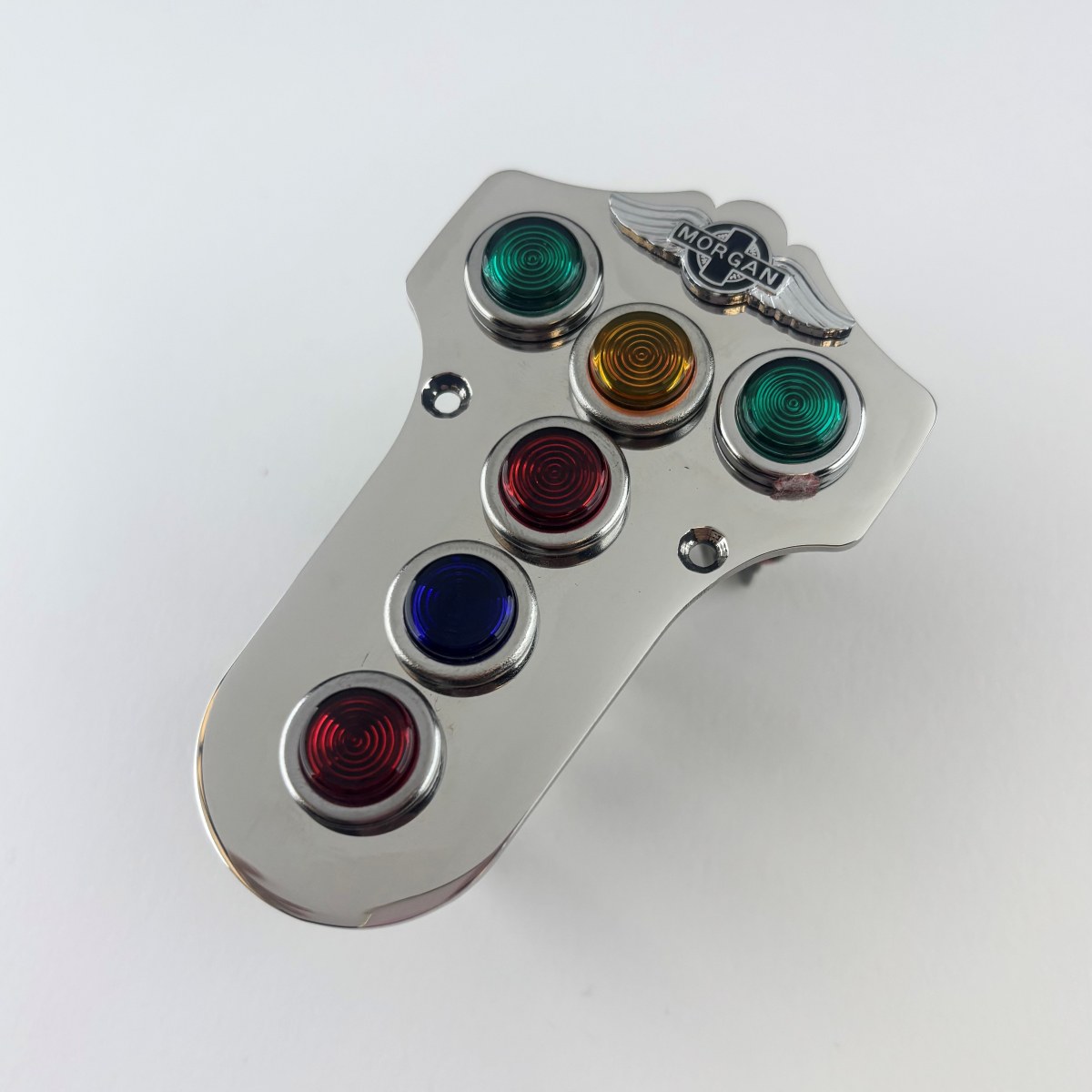 Polished stainless steel warning light plate 1977-85 with Morgan wings badge...